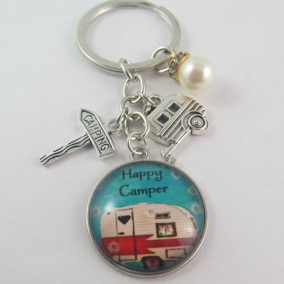 Happy Camper Keychain Camping Lover Gift for Woman or Girl Cute Camper Trailer - Picture 1 of 4